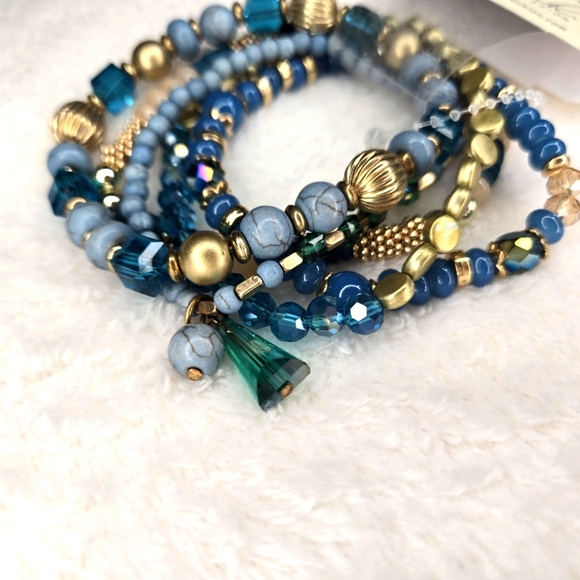 Bracelet stack stretch arm party glass and stone beads metal bracelets - Picture 5 of 7